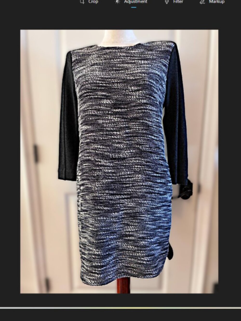 Vince Shift Dress, Black & Gray Boucle, Small, 3/4 Sleeve, Pockets, Cotton/Wool